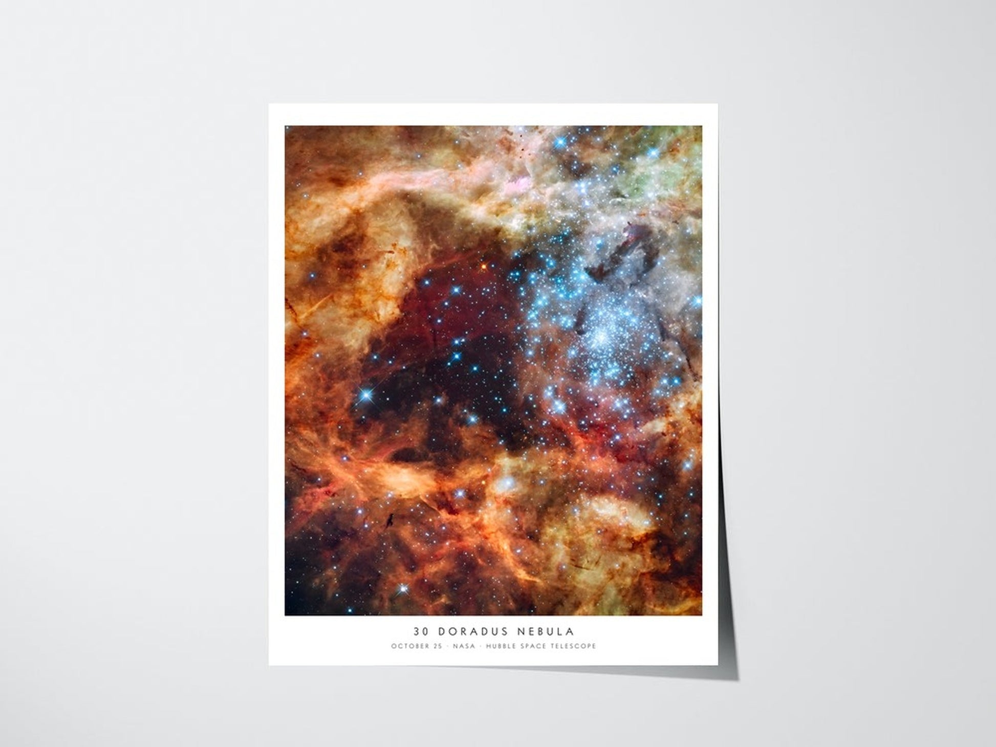 Personalized Hubble birthday print showing 30 Doradus Nebula for October 25, unframed giclee poster with caption on a light wall