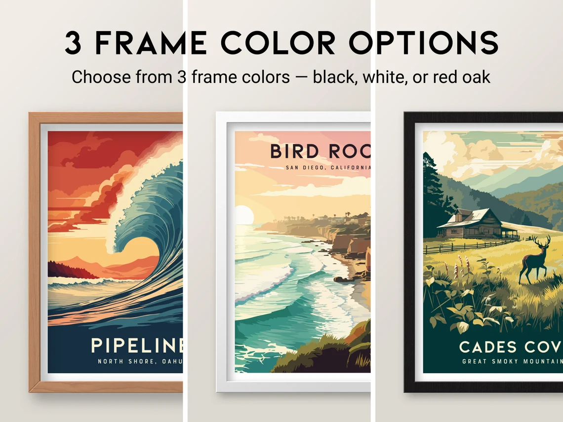 Three framed posters are displayed, each with different artwork and frame colors: red oak, white, and black. The posters depict a wave, a coastal scene, and a mountainous landscape.