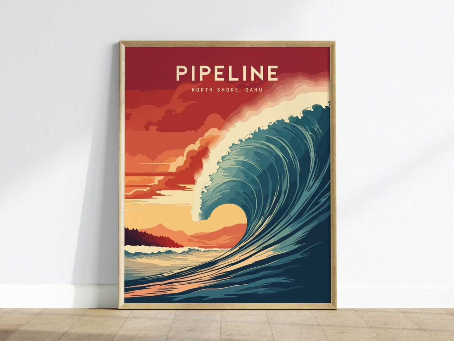 Pipeline, North Shore, Oahu, Hawaii - Framed Wall Art Poster Design Frame Travel Wave Surfing Surfer Barrel Print Gift Home Decor