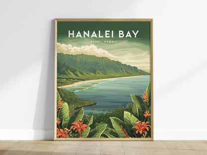 Hanalei Bay, Kauai, Hawaii - Princeville North Shore Framed Wall Art Poster Design Travel Artwork Hawaiian Island Beach Surf Gift Home Decor