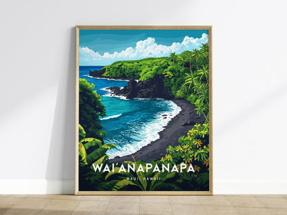 Waianapnapa State Park, Maui, Hawaii | Road To Hana Haiku Paia Black Sand Beach | Wall Art Poster Travel Print Adventure Theme Tropical Gift