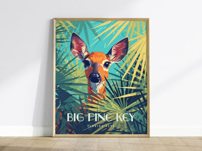 Big Pine Key, Florida Keys Framed Wall Art - Deer Palmettos Vacation Poster Design Travel Island Print Collection Home Beach Cottage Decor