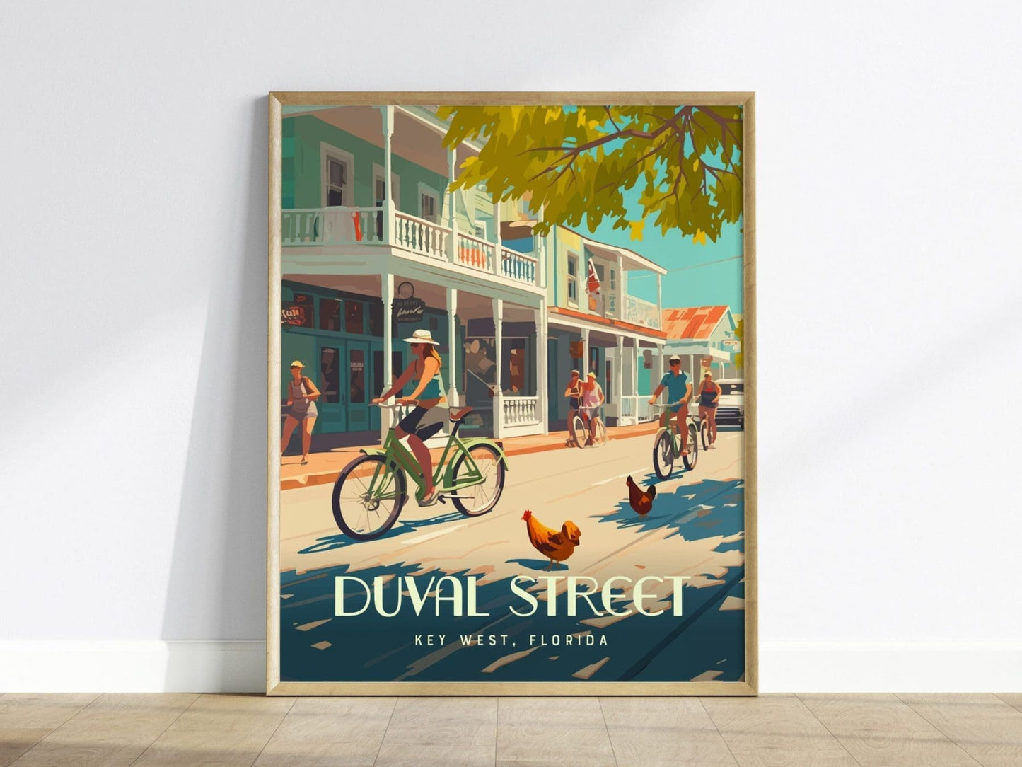 Duval Street, Key West, Florida Keys Framed Wall Art - Bikes Vacation Poster Design Travel Island Print Collection Home Beach Cottage Decor