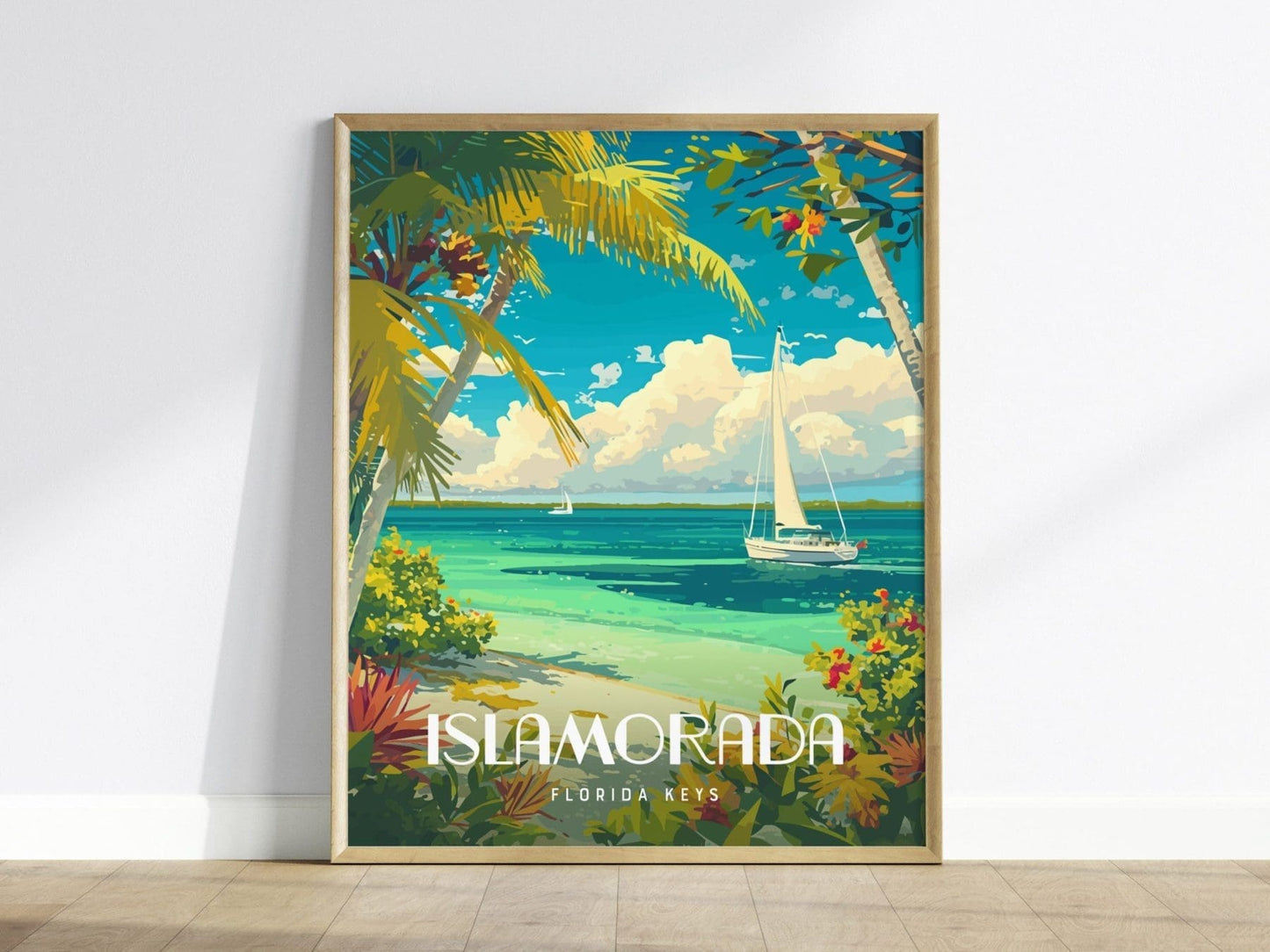 Islamorada, Florida Keys Framed Wall Art - Sailboat Tropical Vacation Poster Design Travel Island Print Collection Home Beach Cottage Decor