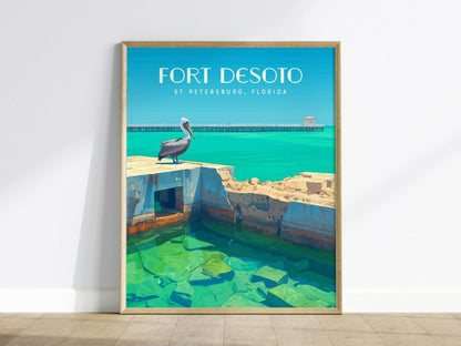 Fort Desoto State Park, St. Petersburg, Florida Framed Wall Art - St Pete Pelican Nature Poster Design Travel Print Beach House Decor Set