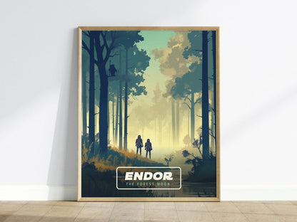 Star Wars Endor Travel Poster, Retro Travel Art, Tatooine, Hoth, Naboo - Endor&#39;s Enchanted Forests: Star Wars - Retro Galactic Travel Poster