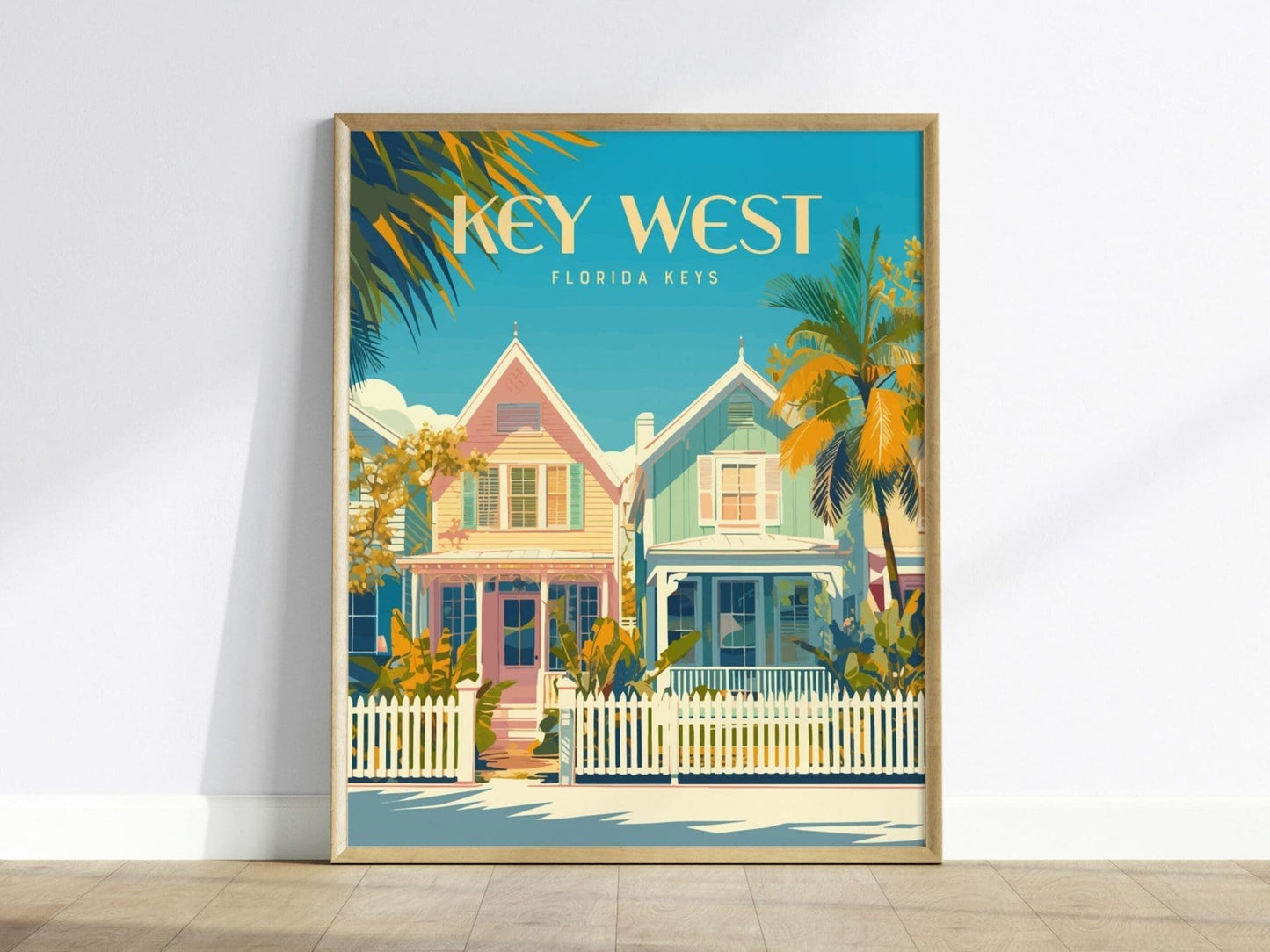 Key West, Florida Keys Framed Wall Art - Pastel Beach Cottages Vacation Rental Poster Design Travel Print Home Cottage Decor Collection Set