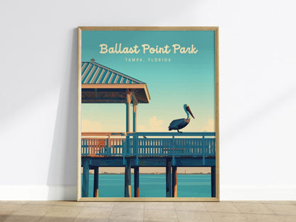 Ballast Point Park, Tampa, Florida Framed Wall Art, Hillsborough Bay Fishing Pier Pelican Poster Design Travel Print Beach Home Decor Set