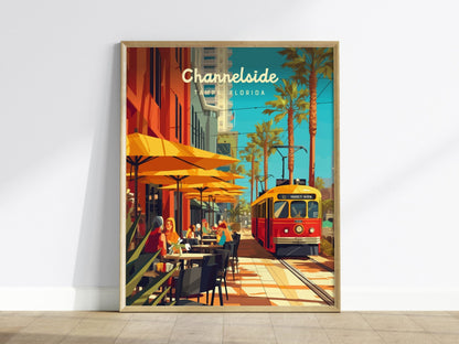 Channelside, Tampa, Florida Framed Wall Art, Downtown Tampa Bay District Trolley Design Travel Print Urban Central FL Home Decor Set