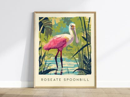 Roseate Spoonbill, Florida Birds Wildlife Framed Wall Art - Flamingo Tropical Bird Poster Design Travel Print Home Beach Cottage Decor Set