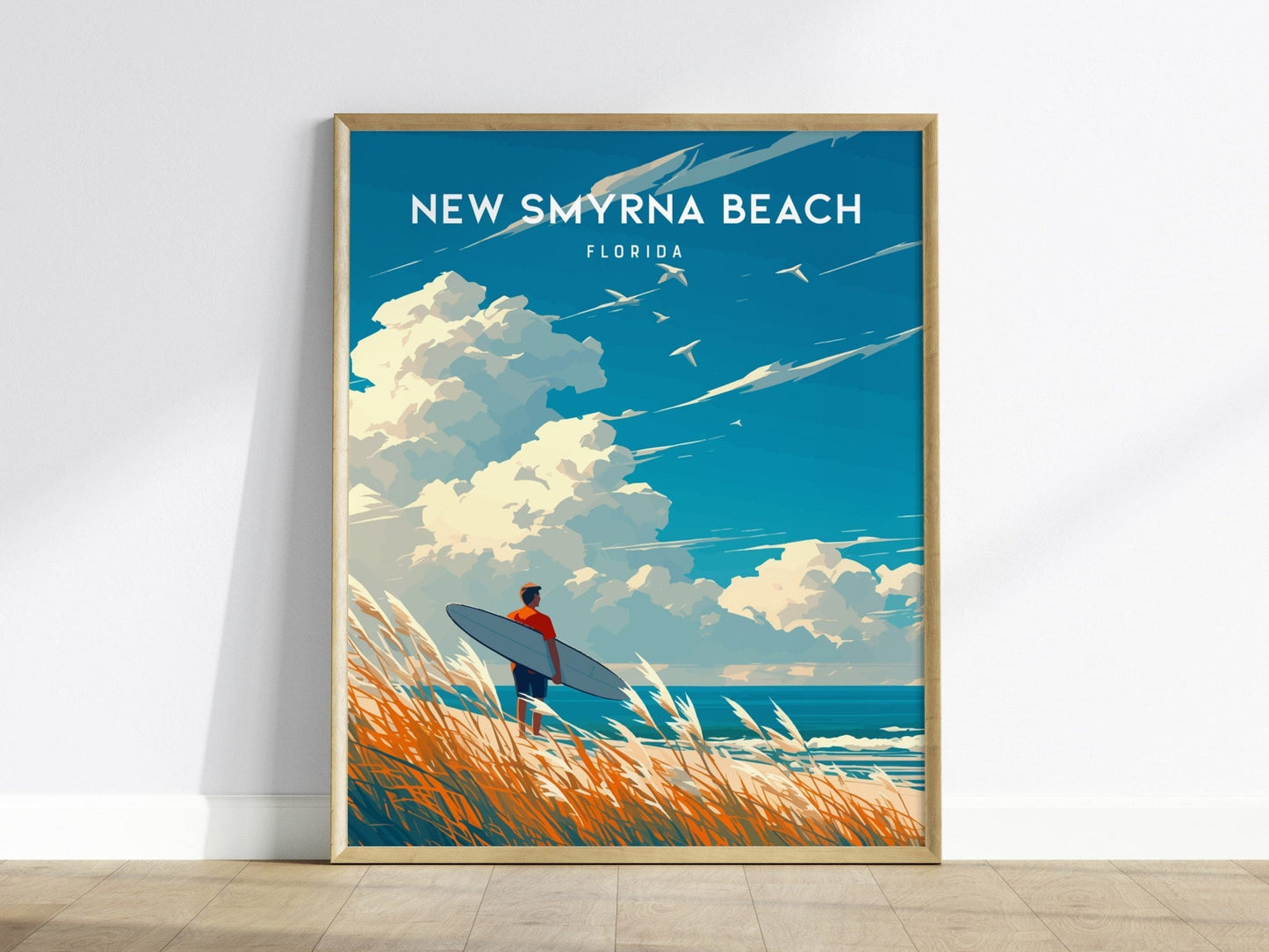 New Smyrna Beach Surfer, Florida Spring Break Framed Wall Art - Space Coast Beach House Longboard Surf Poster Travel Print Gift Home Decor