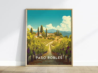 Paso Robles California Wine Country Wall Art | Paso Robles Framed Artwork Poster, Travel Winery Vineyard SoCal Home Gift Decor, Airbnb Decor