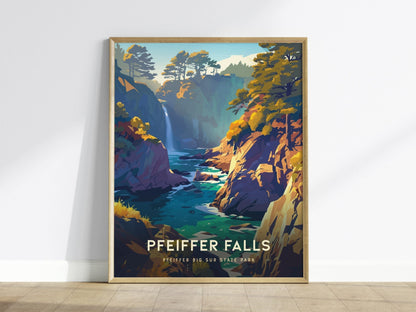 Pfeiffer Falls Big Sur State Park Framed Travel Print, California Big Sur Travel Poster, Pfeiffer Big Sur State Park Artwork, California Art