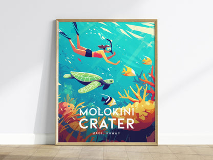 Molokini Crater, Maui, Hawaii | Snorkel Dive Sea Turtle Island Framed Wall Art Poster Travel Artwork Hawaiian Tropical Decor Honeymoon Gift