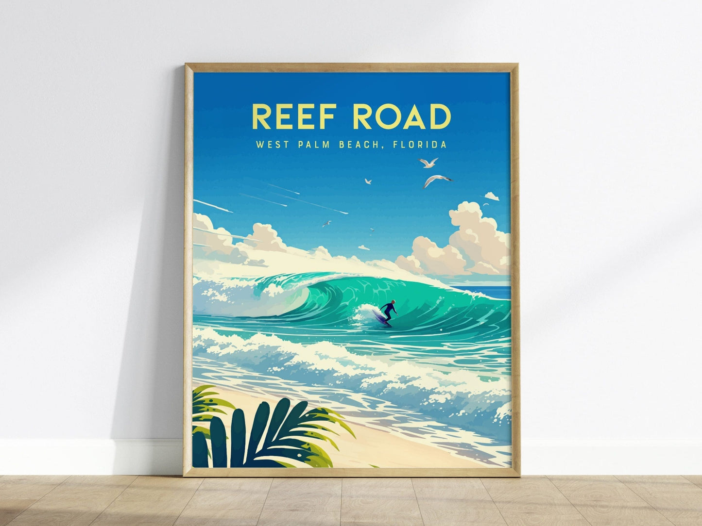 Reef Road, West Palm Beach, Florida Framed Wall Art - Surfing Wave Beach House Barrel Surf Poster Travel Print Surfer Gift Home Decor Set