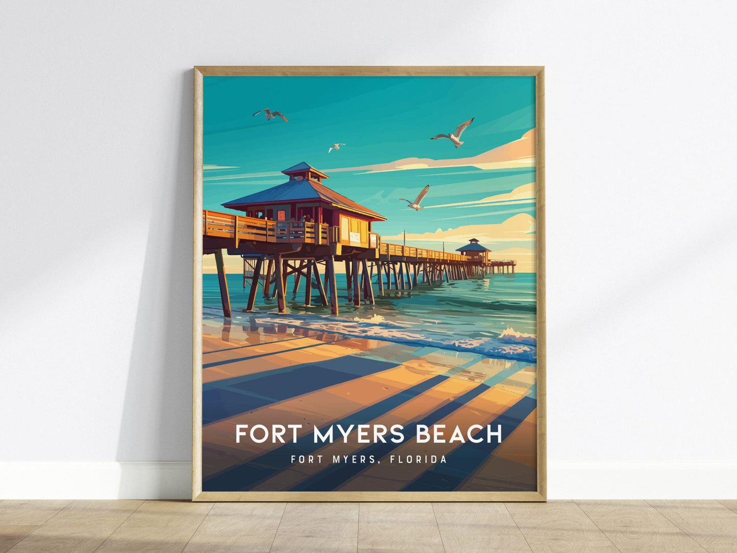 Fort Myers Beach, Fort Myers, Florida - Historic Fishing Pier Wall Art Poster FL Travel Print Tropical Home Decor Gulf Fisherman Gift Set