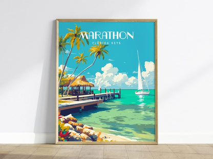 Marathon, Florida Keys Framed Wall Art - Sailboat Fishing Tropical Vacation Poster Travel Island Print Collection Home Beach Cottage Decor