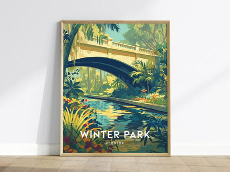 Poster depicting a serene stream flowing under an elegant arching bridge in a lush garden, surrounded by vibrant greenery and colorful plants, titled Winter Park Florida.