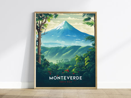 A framed poster featuring an artistic view of a lush green landscape with dense foliage and a prominent volcano under a partly cloudy sky. The word Monteverde is displayed at the bottom, with a clean, vintage travel poster style.