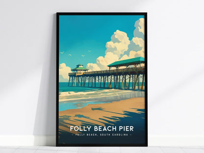 Folly Beach Pier, Charleston, South Carolina - Fishing Pier Wall Art Travel Poster Print Southeast Home Decor Southern Charm Surfer Gift