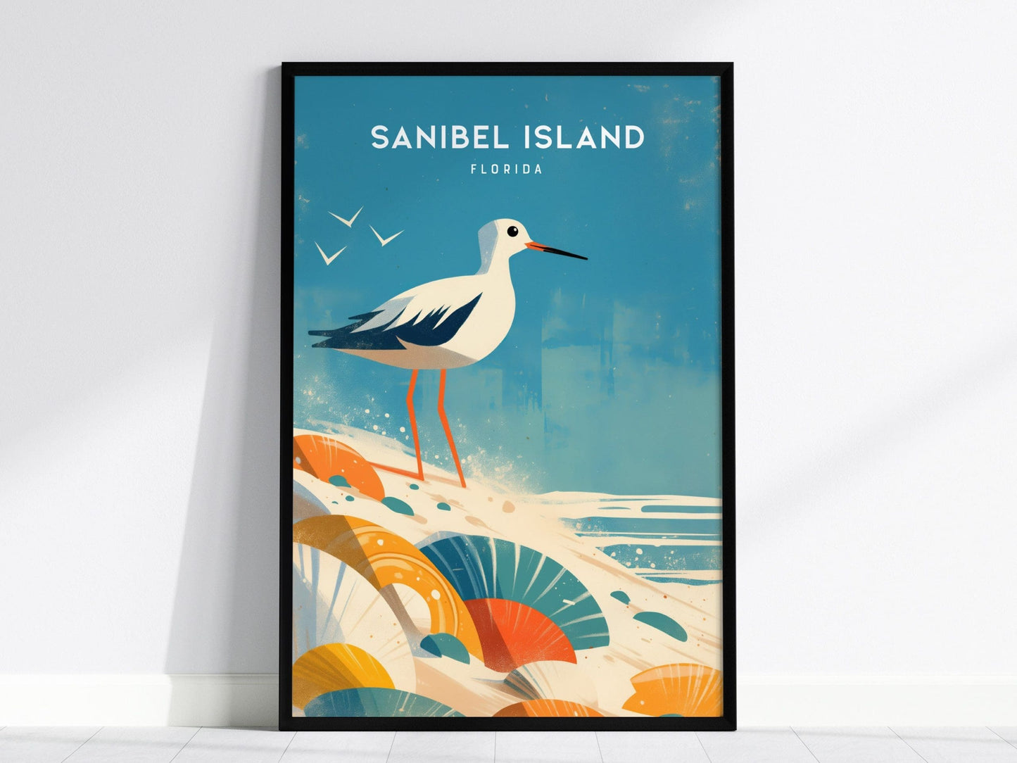 Sanibel Island, Florida Framed Wall Art - Sandpiper Gulf Coast Beach Shells Travel Poster Print Fort Myers Cottage Home Decor Artwork Gift