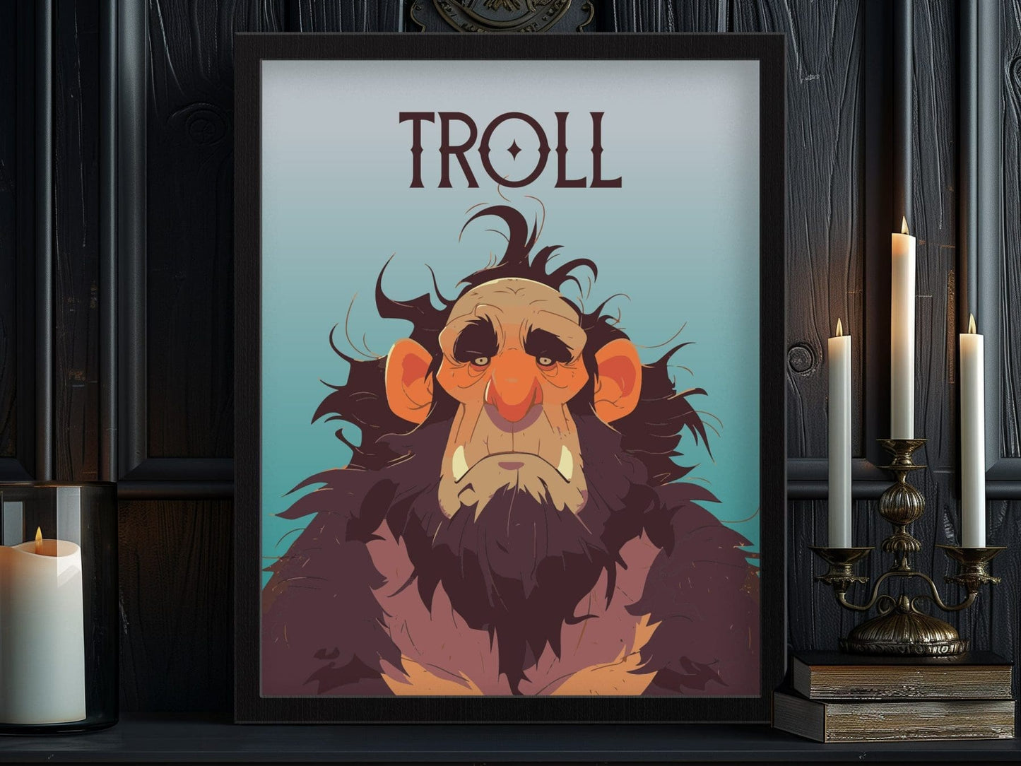 Troll Fantasy Creature Portrait Framed Wall Art, LOTR D&D WoW RPG Fan Gift, Game Room Decor, Mythical Folklore Dark Academia Gamer Poster