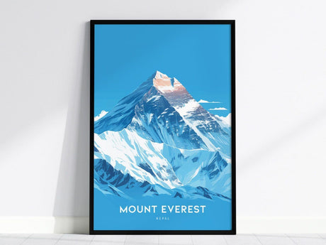 Framed poster of Mount Everest features a stylized illustration of the snow-capped peak against a clear blue sky, with Mount Everest Nepal text at the bottom.