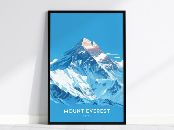 Framed poster of Mount Everest features a stylized illustration of the snow-capped peak against a clear blue sky, with Mount Everest Nepal text at the bottom.