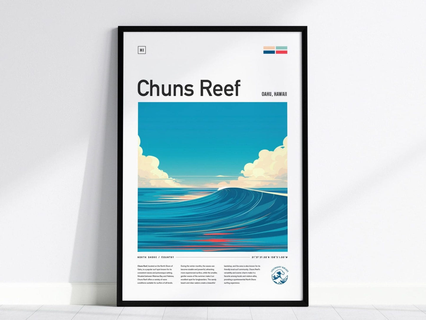 Chuns Reef Surf Spot Framed Poster, North Shore Wall Art, Hawaii Surf Travel Print, Surfer Home Decor Design, Oahu Surfing Wave Gift Set