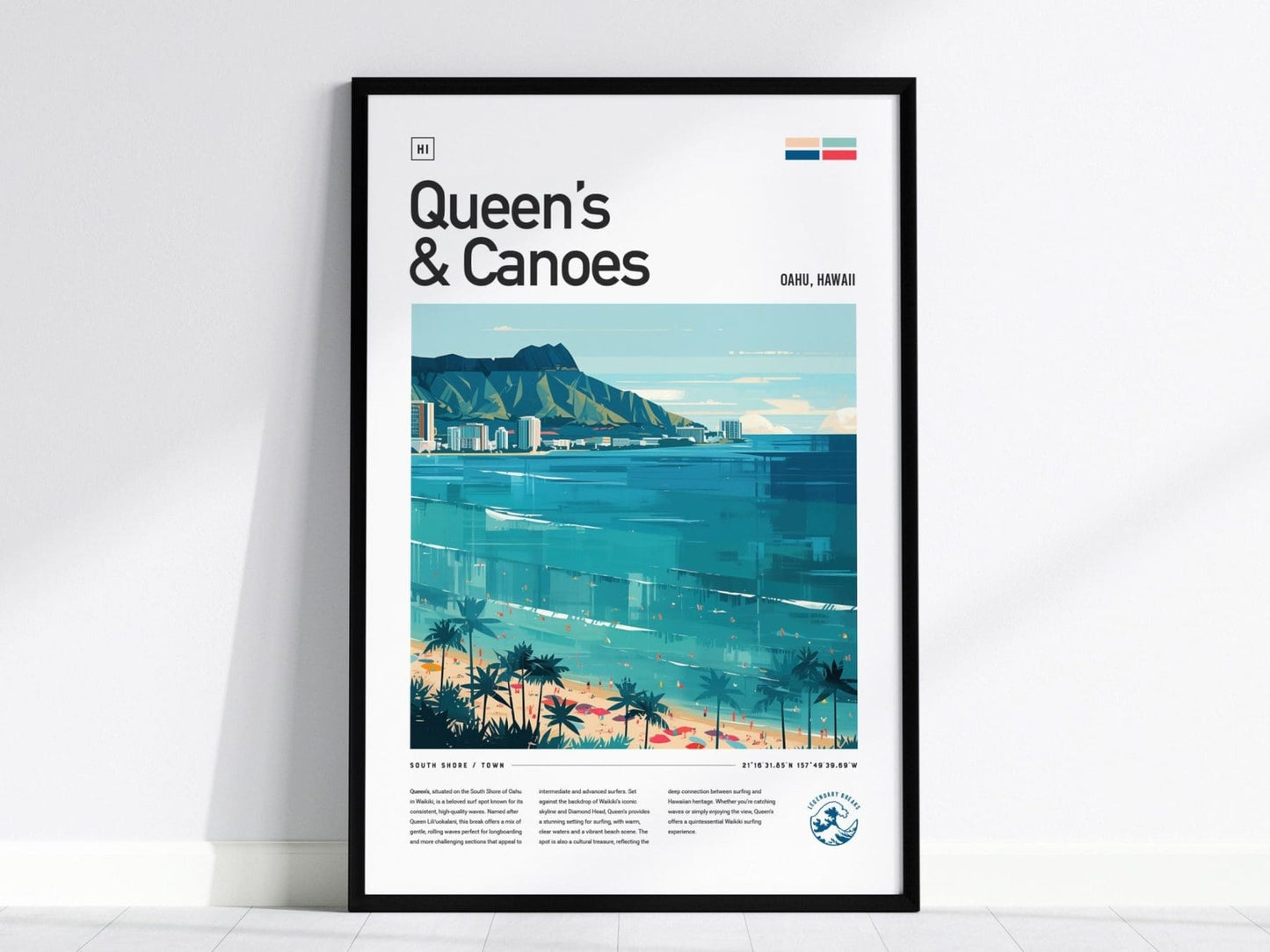 Queens & Canoes Waikiki Surf Spot Framed Poster, Honolulu Surfing Wall Art, Oahu Hawaii Vacation Travel Print, Longboarder Surfer Decor Gift