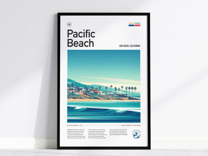 Pacific Beach CA Surf Spot Framed Poster, San Diego Wall Art, California Surf Travel Print, Surfer Home Decor Socal Surfing Design Wave Gift