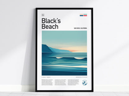 Black&#39;s Beach CA Surf Spot Framed Poster, San Diego Surfer Wall Art, California Surf Travel Print, La Jolla Home Decor Surfing Wave Gift