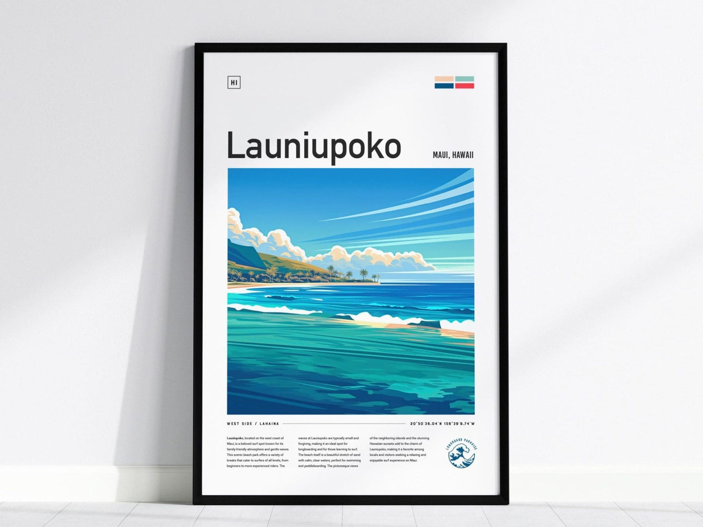 Launiupoko Framed Surf Poster, Lahaina Maui Beach Travel Print, Hawaii Surfer Home Decor, Longboard Surfing Wave Wall Art Design Gift Set