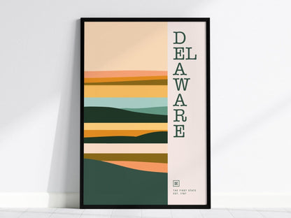 Delaware Minimalist Design Framed Wall Art, First State Minimal Abstract Modern Poster, DE Pride Decor US Northeast Travel Print Gift Set