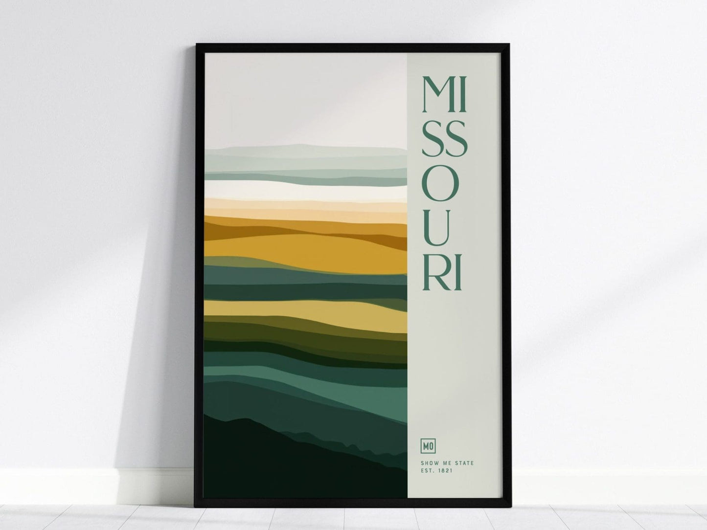 Missouri Minimalist Design Framed Wall Art, Show Me State Minimal Abstract Modern Poster, MO Ozarks Decor Travel Print Typography Gift Set