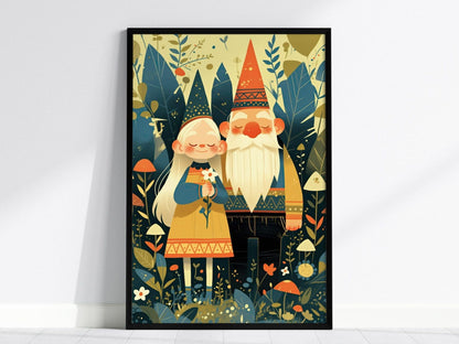 Gnome Couple Portrait Framed Wall Art Cute Garden Gnomes Poster Print Love Anniversary Cottagecore Mushroom Fantasy Forest Farm House Decor