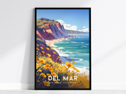 Del Mar California Framed Poster, San Diego Wall Art, SoCal Travel Print, Torrey Pines La Jolla Beach House Modern Scenic Nature Decor Gift