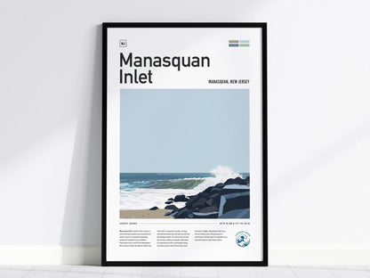 Manasquan Inlet Surf Spot Framed Poster, New Jersey Shore Surfer Wall Art, New England Surf Travel Print, NJ Decor Surfing Wave Gift