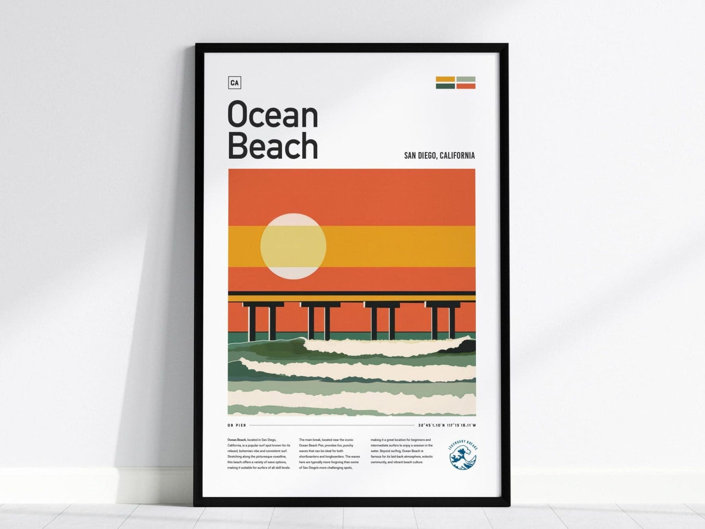 Ocean Beach San Diego Surf Spot Framed Poster, Socal California OB Surfer Wall Art, CA Travel Print House Modern Design Surfing Wave Gift