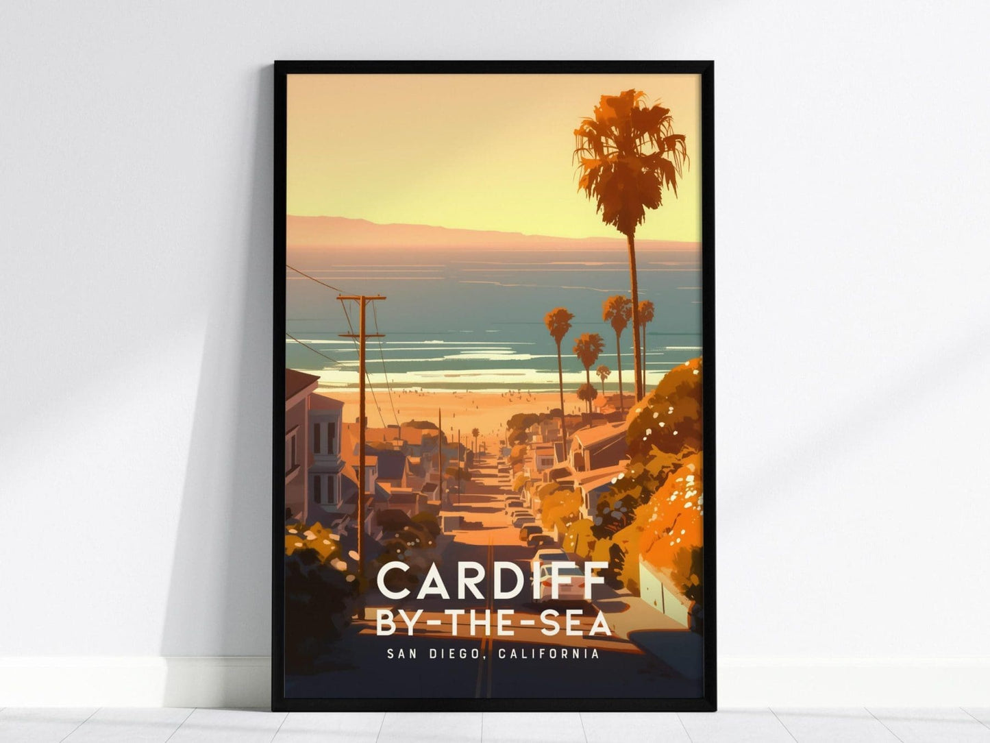 Cardiff By The Sea California Framed Poster, San Diego Wall Art, SoCal Travel Print, Beach Cottage House Modern Design Scenic Ocean Gift