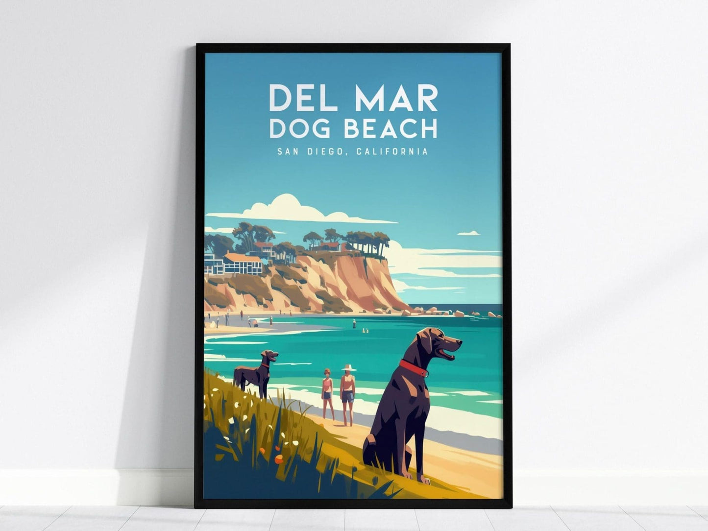 Del Mar Dog Beach California Framed Poster, San Diego Wall Art, SoCal Travel Print, Torrey Pines Modern Design Scenic Ocean Pet Lover Gift