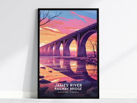 This image features a colorful poster of the James River Railway Bridge in Richmond, Virginia. The bridge arches over a reflective river, set against a vibrant sunset sky with hues of orange, pink, and purple.