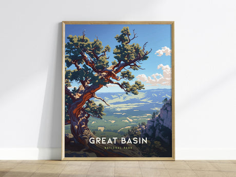 A framed poster of Great Basin National Park features a detailed illustration of a twisted bristlecone pine tree against a backdrop of mountains and a blue sky with clouds. The artwork captures the parks natural beauty vividly.