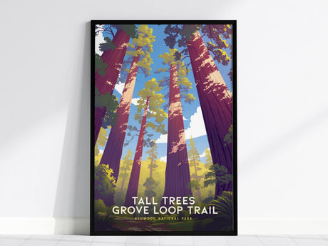 A framed poster features an illustration of towering redwood trees reaching towards a bright blue sky, with sunlight filtering through the branches. The text at the bottom reads Tall Trees Grove Loop Trail, Redwood National Park.