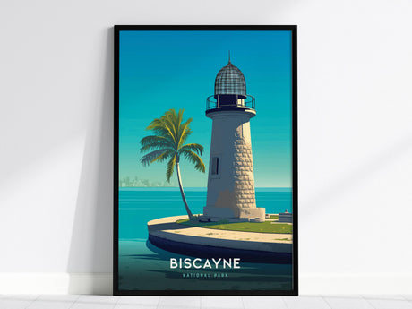 A framed art print depicts a lighthouse with a palm tree on a sunny day at Biscayne National Park. The scene features a bright blue sky and calm ocean waters, with a city skyline faintly visible in the distance.