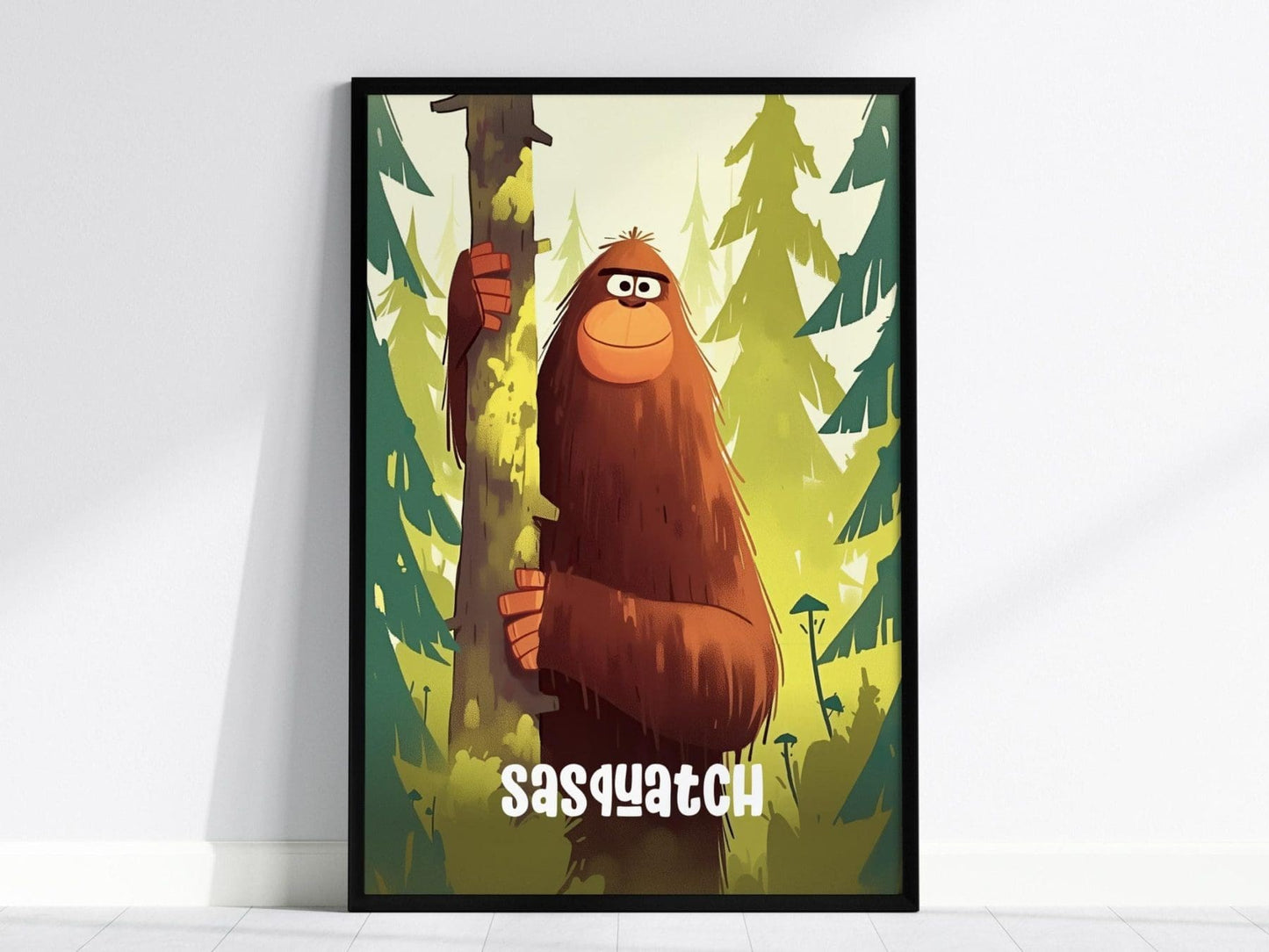 Sasquatch Cute Cryptids Wall Art Series | Bigfoot Kids Room Framed Poster| Children's Illustration Toddler Boys Bedroom Nursery Print