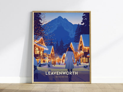 Leavenworth, Washington Poster – Charming Snow-Covered Winter Scene, Available Framed/Unframed, Perfect Holiday Decor, Christmas Gift