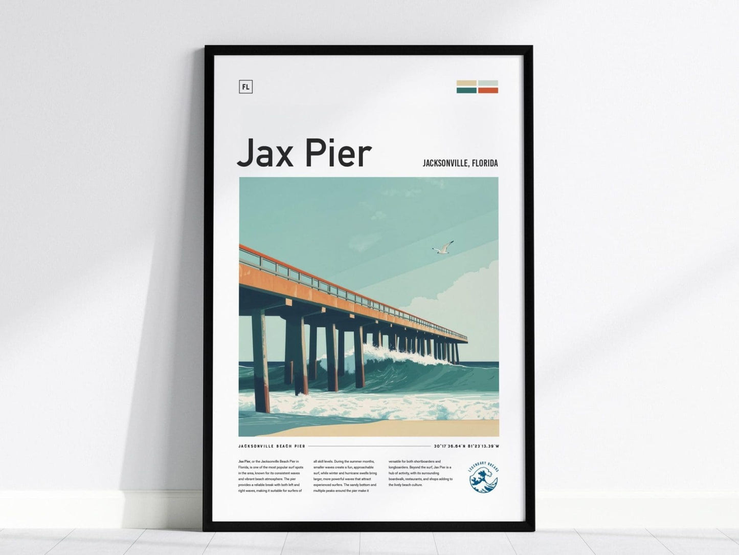 Jax Pier Florida Surf Spot Framed Poster | Jacksonville Beach Wave Modern Wall Art | FL Surfing Minimalist Design Travel Print | Coastal Surfer Decor Man Cave Gift