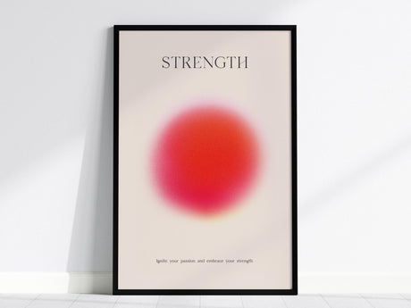 Strength Aura poster in black wood frame showing empowering abstract art with warm colors for motivational home decor