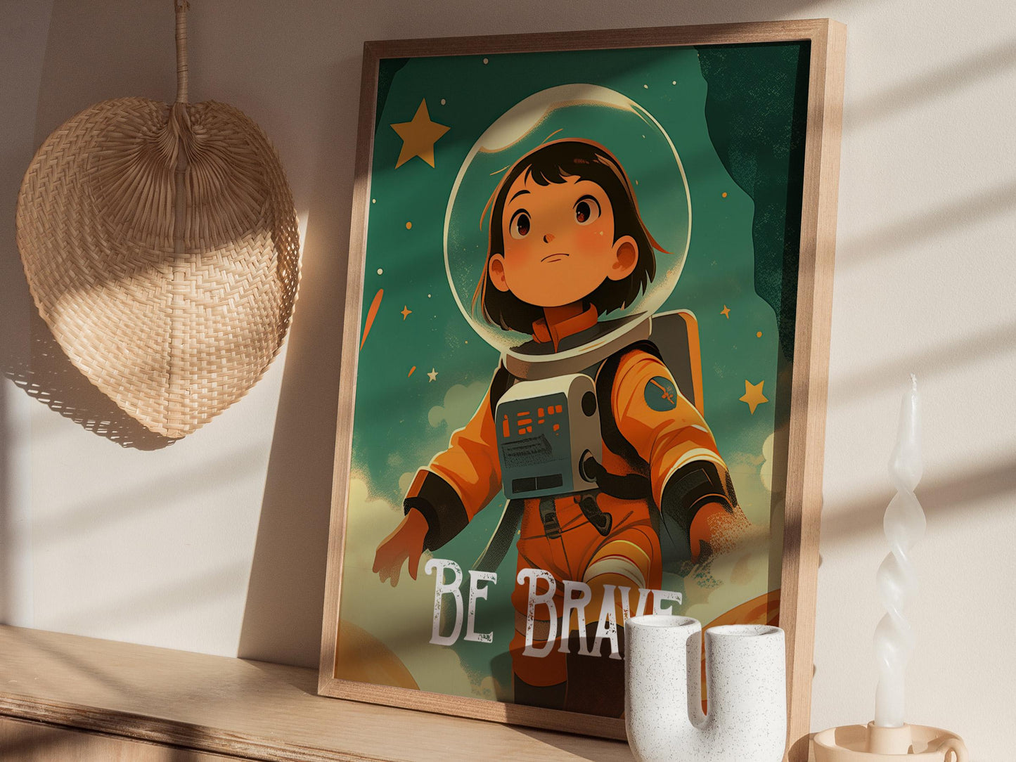 Be Brave - Astronaut Space Series Kids Room Decor Framed Wall Art Set